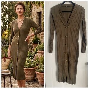 Olive Green Ribbed Midi Dress M Quiet Luxury Minimalist Classic Style